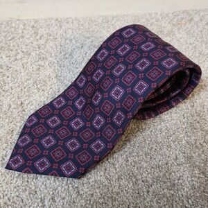 Brioni Luxury Silk Tie Navy Blue Red Geometric Pattern Italy Designer Classic